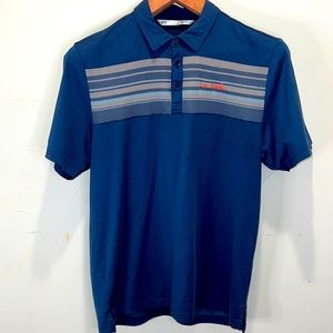 Travis Mathew Polo Short Sleeved Size L Blue with Gray and Blue Stripes